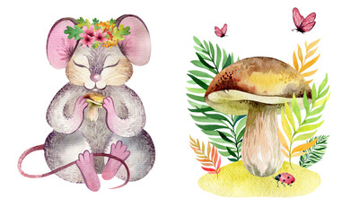 watercolor collection of mice in autumn meadow
