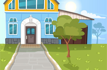 Traditional and modern house. Family home. Flat design vector concept illustration, landscape picture.