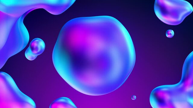 Gradients background with liquid metaballs and abstract shapes  fluid move and iridescent reflections on a dark background. 3d rendering