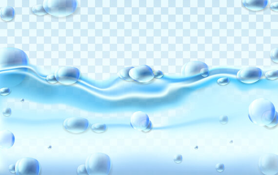 Water wave transparent surface with bubbles, transarent background, vector 3d realistic illustration.