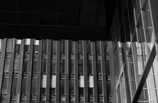 Black and white building with three dimensions reflecting shot at Medienhafen, Düsseldorf