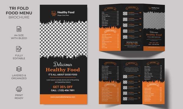 Vector Tri-fold Food Menu Brochure Template, simple style and modern layout 