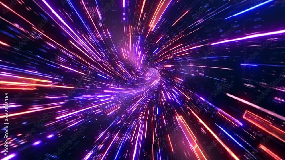Poster flying through digital lights and dots, neon glowing rays into futuristic and technologic galaxy. 4k