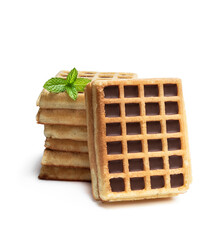 Stack of toasting waffles with chocolate isolated on white
