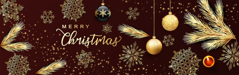 card or banner on Merry Christmas in gold on a brown background with black and gold Christmas balls snowflakes fir branches and gold stars and a red candle
