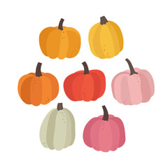 Vector illustration of different colors pumpkin. Set of pumpkins isolated on white background. Illustration of vegetables. Vegan food. Suitable for illustrating healthy eating, recipes, local farm.