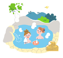 温泉に浸かる女性2人