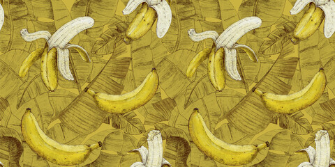 Banana pattern with leaves on a sandy background. Hand drawing. Suitable for fabric design, wallpaper, gift paper