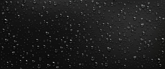 Condensation water drops on black window background. Rain droplets with light reflection on dark glass surface, abstract wet texture, scattered pure aqua blobs pattern Realistic 3d vector illustration - obrazy, fototapety, plakaty