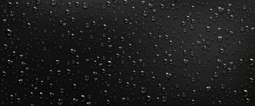 Condensation water drops on black window background. Rain droplets with light reflection on dark glass surface, abstract wet texture, scattered pure aqua blobs pattern Realistic 3d vector illustration