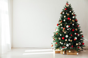 New Year's Eve Christmas tree interior with holiday decor gifts