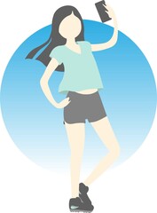 Asian woman or teen holding a phone and making selfie after workout. She's fit, attractive and wearing stylish sportswear. Her long hair is blowing in the wind. Anonymous face. Vector EPS 10.