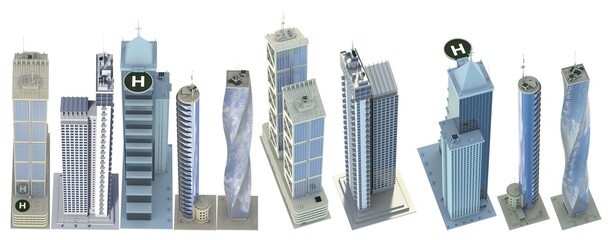Fototapeta na wymiar Set of highly detailed hi-tech houses with fictional design and blue sky reflection - isolated, top view 3d illustration of skyscrapers