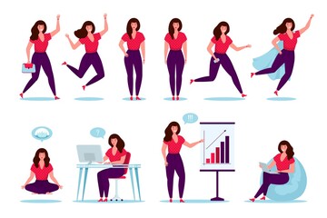 Happy businesswoman. Set of woman character, office worker female manager in various poses and situations. Vector illustration in cartoon style. Super hero, meditating, working, jumping, walking.