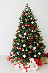 New Year's Eve Christmas tree interior with holiday decor gifts