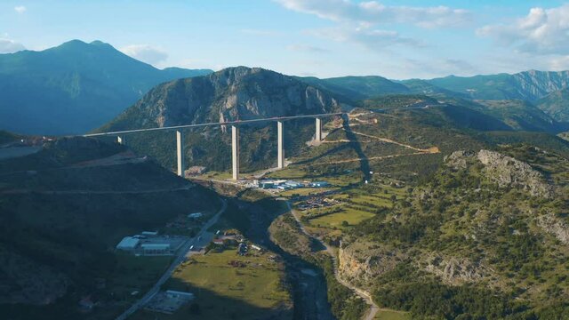 Montenegro. Aerial view of the truss bridge. Drone flying over the Mala Rijeka Viaduct on the Belgrade - Bar railway, surrounded magnificent mountains.