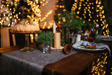 new year cozy home interior with christmas tree and garlands