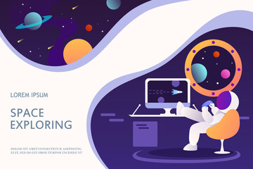 An astronaut in a spaceship is playing a computer game. Template for landing page, banner, web page, card. Vector cartoon illustration. Purple background, space, planets, universe. Explorer, workplace