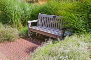 Beautiful empty bench view at green park.