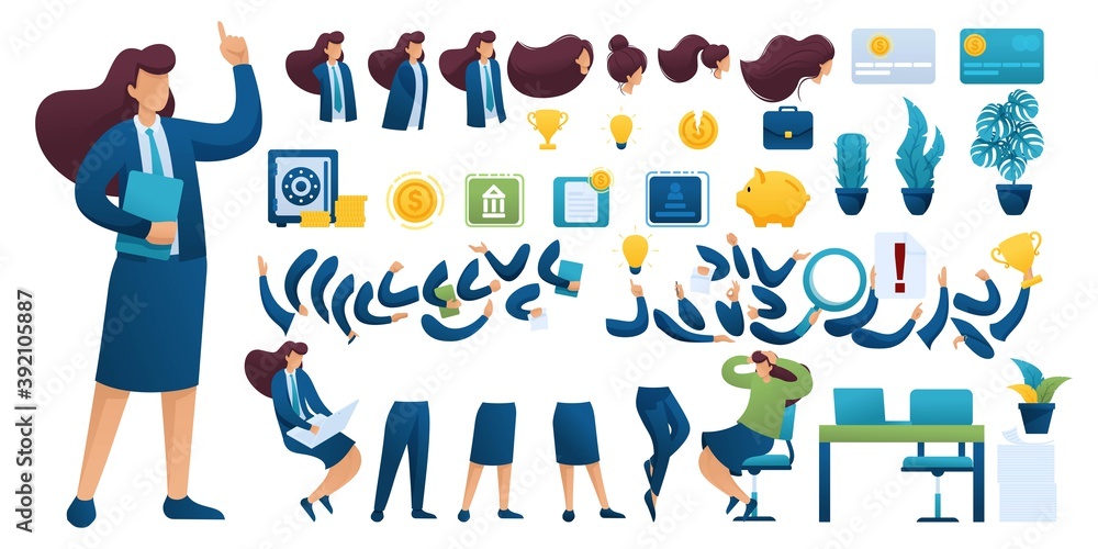 Aufkleber constructor for creating a businesswoman. create your own businesswoman character with a set of hand