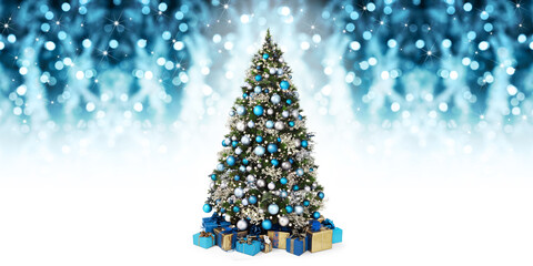 decorated christmas tree full of blue and silver balls, decorations and many gift wrapped packages...