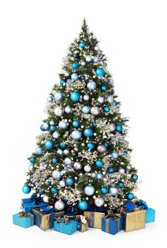 Decorated Christmas Tree Full Of Blue And Silver Balls, Decorations And Many Gift Wrapped Packages Isolated On White Background