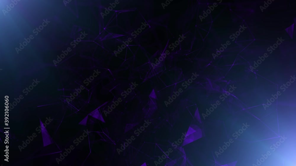 Poster abstract changing colours network with lines, dots, triangles movement on dark background.
