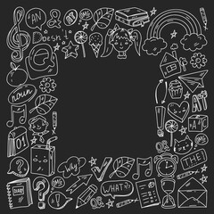 Back to school. Vector illustration with icons about education. English learning. Online internet courses.