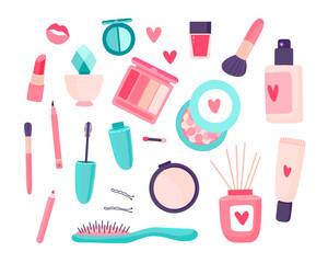 Makeup cosmetics set. Foundation, powder, mascara, lipstick, perfume, eyeshadow palette, blush, brushes, comb, lip gloss, pencil, nail polish. 
 Vector illustration.