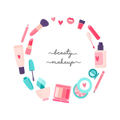 Round frame from cosmetics for make-up. Foundation, powder, mascara, lipstick, perfume, eyeshadow palette, blush, lip gloss, pencil, nail polish. Vector illustration.