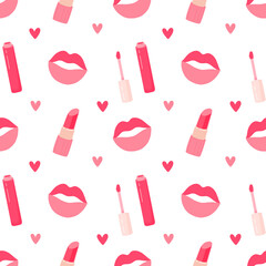 Seamless pattern cosmetics for lips makeup. Lipstick, lip gloss, kiss. Vector illustration.