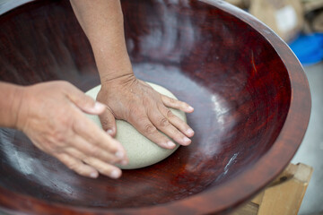 Soba making, kneading in a bowl