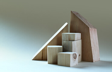 Empty podiums of various geometric shapes made of natural wood-pine, natural color. Concept mockup...