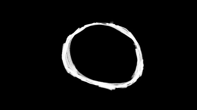 Grunge animation of white pencil stroke circle getting bigger on black background. Frame by frame effect. Seamless loop.