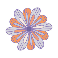 Vector violet flower. Cartoon botanical design element. Funny abstract ornament of plants. Graphic line sketch drawing with color. Flower and multi-colored petals. Summer apparel design for textiles