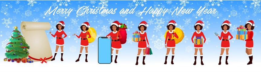Christmas Santa Girl Character with Christmas Gifts, Christmas tree and explainer animation poses. Character set with poses