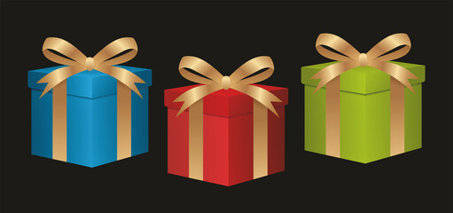 Collection with gift boxes in three colors. Vector illustration. EPS10.