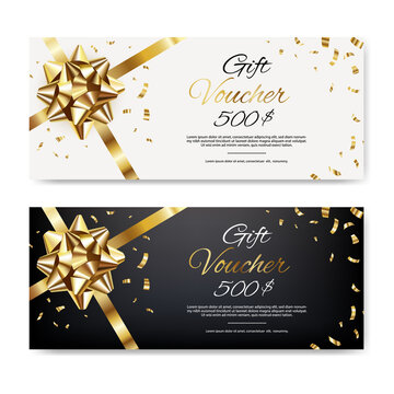 Gift Vouchers with golden bow and confetti. Design template coupon, invitation, certificate, flyer, ticket. Vector illustration.