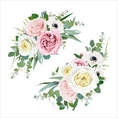 Tender vector floral bouquet design. Blush peach, mauve, pale pink, cream cabbage Rose, ivory white anemone flowers, Eucalyptus greenery leaves & fern delicate, editable, isolated designer element set