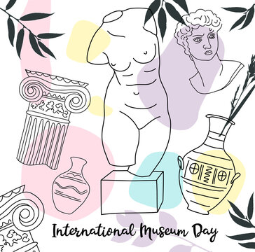 International Museum Day. Vector illustration in trend line art for museum. Oneline style with geometric shape in paster colors.