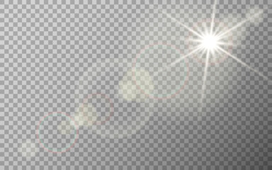 Lens flare effect on transparent backdrop. Sunlight special glare. Bright flash with warm rays. Sunshine with sparks. Light rings and highlights template. Vector illustration