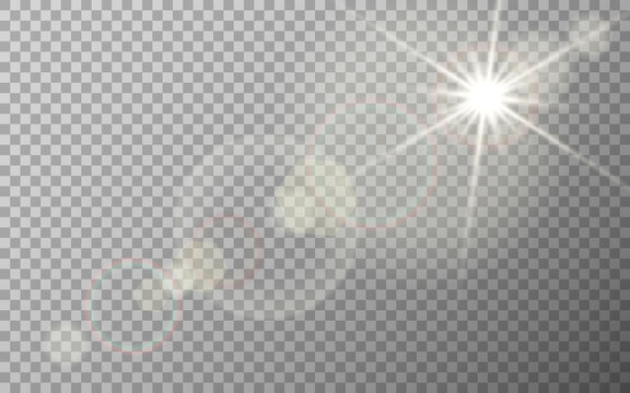 Lens flare effect on transparent backdrop. Sunlight special glare. Bright flash with warm rays. Sunshine with sparks. Light rings and highlights template. Vector illustration