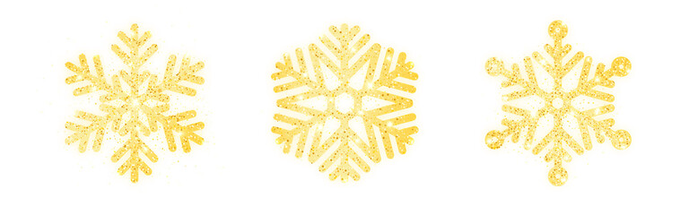 Gold snowflake set on white backdrop. Luxury Christmas design for advertising. Shining gold snowflakes collection. Christmas decoration with golden glitter. Vector illustration