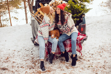 Girls in Christmas sweaters sit with a dog on the trunk of a pickup truck. Car with a Christmas tree in the trunk © kanashkin