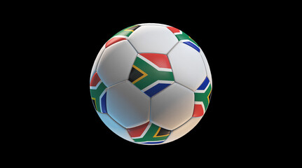 Obraz premium Soccer ball with the flag of South Africa on black background. 3D Rendering