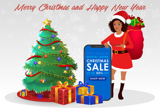 Christmas Santa Girl Character with Christmas Gifts, Christmas tree and explainer animation poses. Character set with poses, Girl with mobile showing online sale offer.