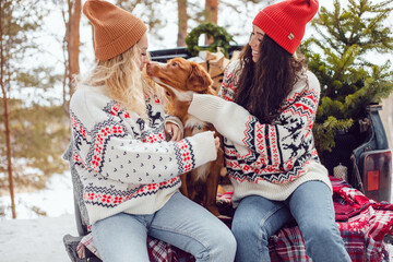 Girls in Christmas sweaters sit with a dog on the trunk of a pickup truck. Car with a Christmas tree in the trunk © kanashkin