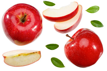 red apples with slices and green leaves isolated on a white background. top view