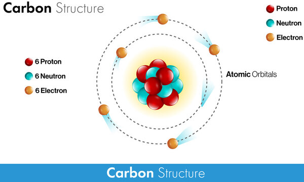 Atomic structure of carbon atom in white background showing orbitals and electrons vector concept