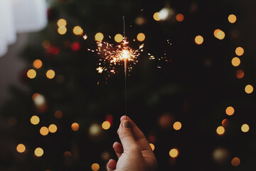 Happy New Year! Burning sparkler in female hand on background of christmas tree with lights